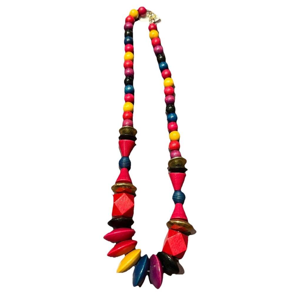 Vintage Large Pastel Shades of Red, Blue, Natural Wood Beads 28" Necklace